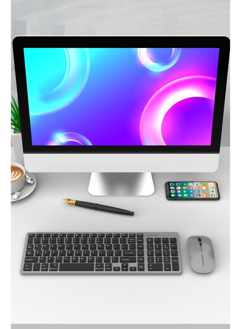 بروتيكت مجموعة لوحة مفاتيح وفأرة لاسلكية قابلة للشحن بتقنية بلوتوث | تصميم نحيف وصامت بالحجم الكامل | اتصال متعدد الأجهزة متوافق مع كمبيوتر، لابتوب، ماك بوك، آيباد، آيفون وأندرويد - Image 4