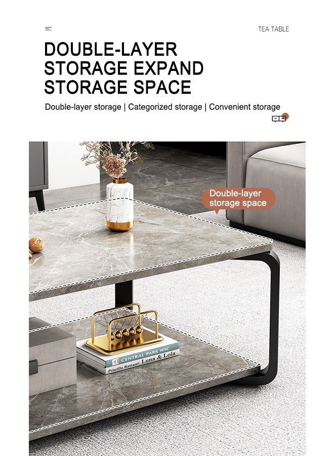 طاولة قهوة منزلية عصرية بتصميم حديث مع مساحة تخزين مزدوجة الطبقات، طاولة شاي بسيطة مزدوجة الطبقات وطاولة جانبية وأرجل معدنية، طاولة لغرفة المعيشة والمكتب، 100×48×43 سم - Image 4