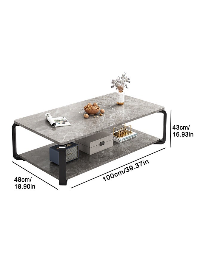 طاولة قهوة منزلية عصرية بتصميم حديث مع مساحة تخزين مزدوجة الطبقات، طاولة شاي بسيطة مزدوجة الطبقات وطاولة جانبية وأرجل معدنية، طاولة لغرفة المعيشة والمكتب، 100×48×43 سم - Image 2