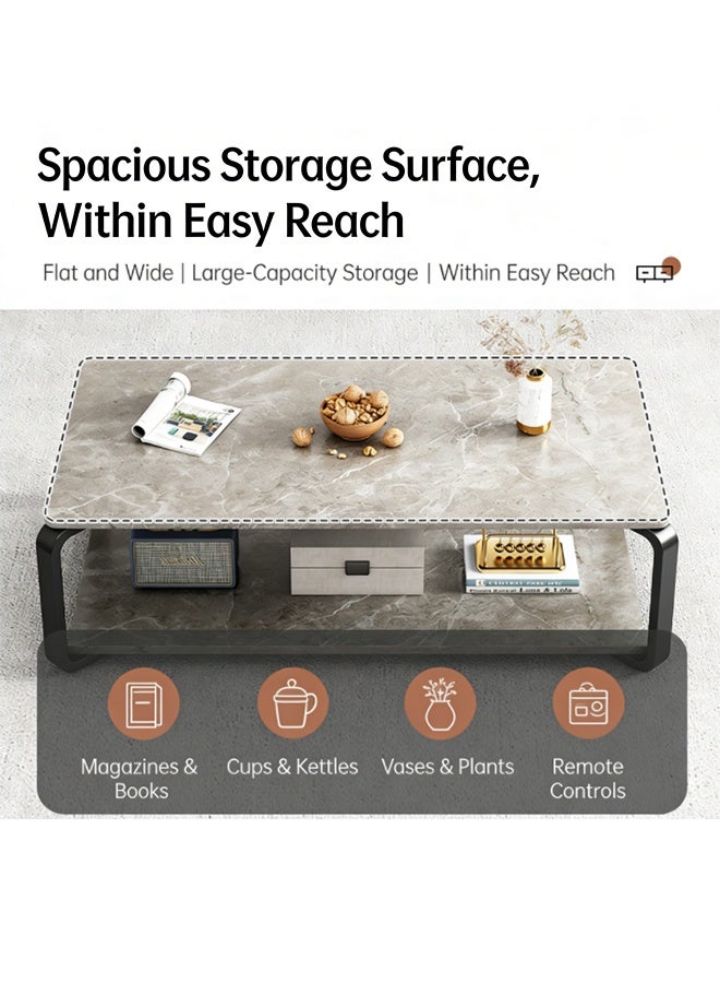 طاولة قهوة منزلية عصرية بتصميم حديث مع مساحة تخزين مزدوجة الطبقات، طاولة شاي بسيطة مزدوجة الطبقات وطاولة جانبية وأرجل معدنية، طاولة لغرفة المعيشة والمكتب، 100×48×43 سم - Image 3