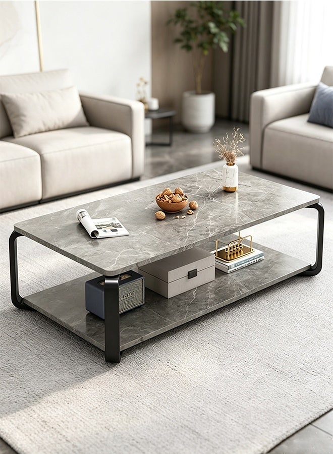 Modern Home Coffee Table Modern Design with Double Layer Storage Space Simple Double-Layer Tea Table End Table and Metal Legs Table for Living Room and Office 100x48x43cm