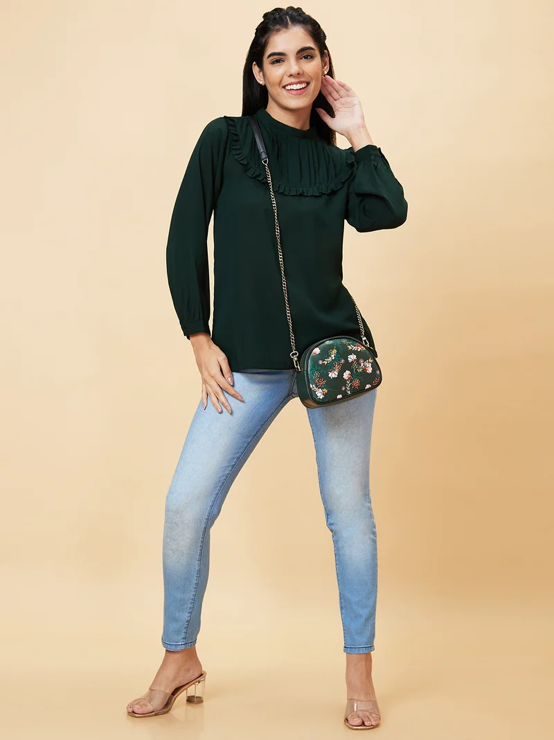 globus Globus Women Green High Neck Gathered Or Pleated Puff Sleeves Top