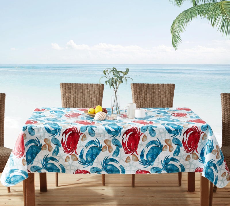 Newbridge Spring Round Vinyl Flannel Backed Tablecloth 70 Inch Stone Crab Print Blue and Red Indoor Outdoor Waterproof Vinyl Table Cloth Cape Cod Clambake