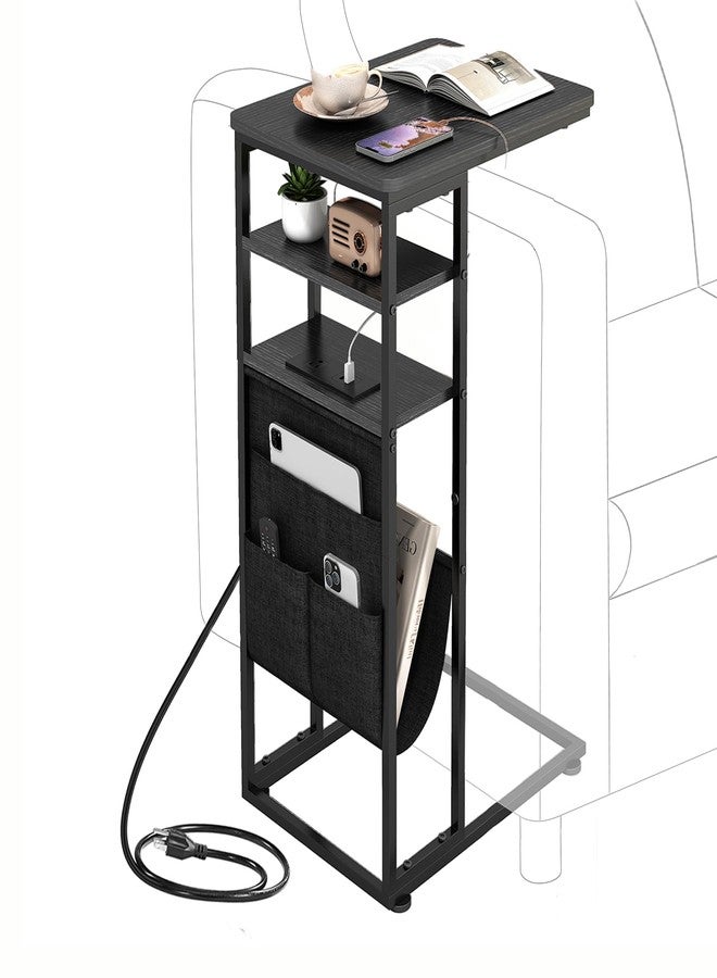 ZEXVIDA C Shaped End Table with Charging Station, C Shape End Table for Couch, 28"(H) C Shaped Side Table with Storage Bag, C Table for Sofa with 2 Storage Shelf for Living Room, Bedroom - Image 1