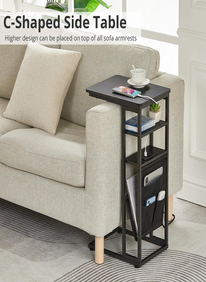 ZEXVIDA C Shaped End Table with Charging Station, C Shape End Table for Couch, 28"(H) C Shaped Side Table with Storage Bag, C Table for Sofa with 2 Storage Shelf for Living Room, Bedroom - Image 3