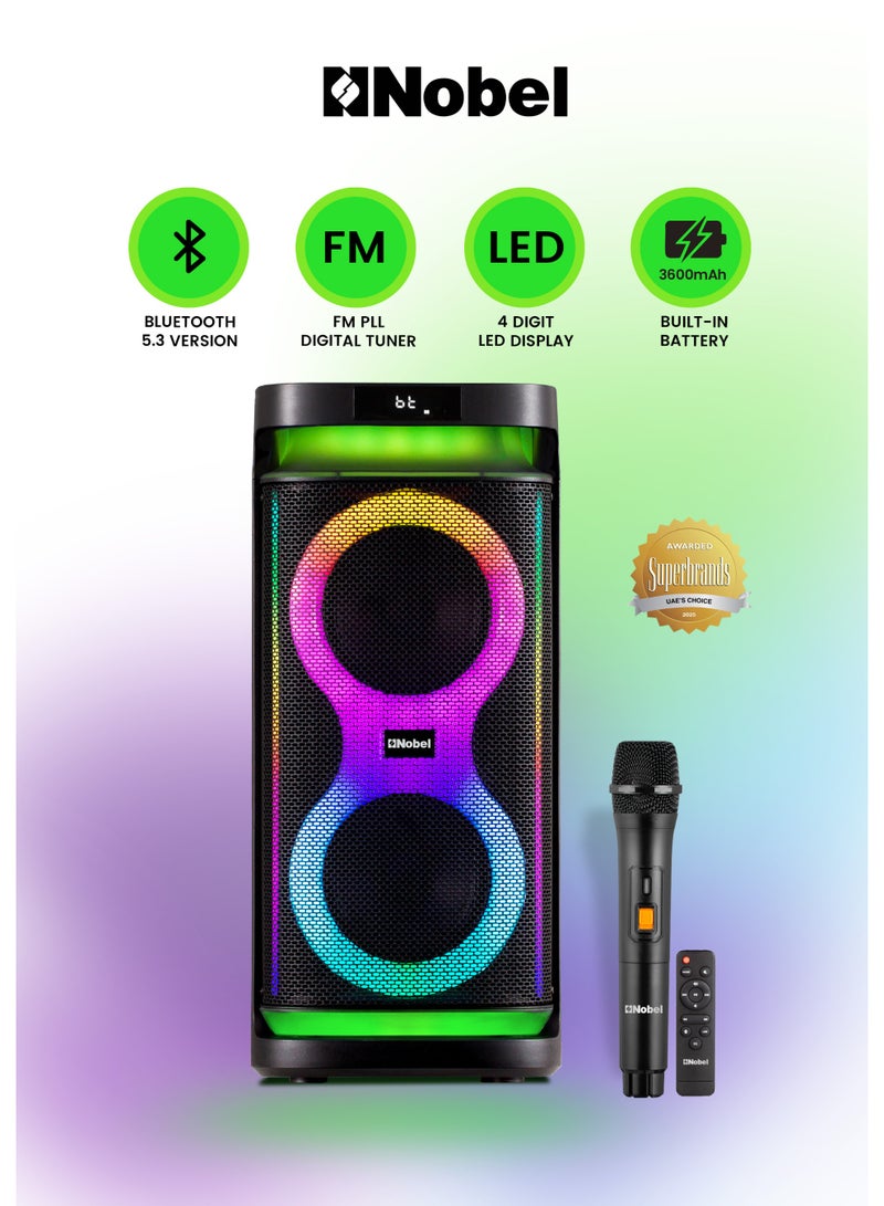 نوبل مكبر صوت بلوتوث محمول من نوبل بقوة 50 وات مع مضخم صوت هاي فاي مزدوج بقوة 20 وات، مدخل ميكروفون كاريوكي مع صدى، راديو FM، أضواء LED متعددة الألوان، جهاز تحكم عن بعد، بطارية مدمجة قابلة لإعادة الشحن، بلوتوث 5.3 - NPS15A (ضمان لمدة عام) - Image 1