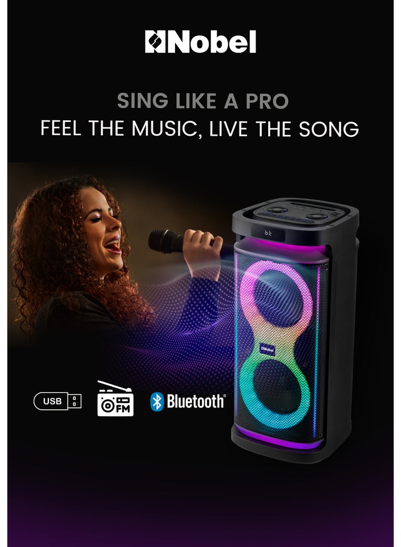 نوبل مكبر صوت بلوتوث محمول من نوبل بقوة 50 وات مع مضخم صوت هاي فاي مزدوج بقوة 20 وات، مدخل ميكروفون كاريوكي مع صدى، راديو FM، أضواء LED متعددة الألوان، جهاز تحكم عن بعد، بطارية مدمجة قابلة لإعادة الشحن، بلوتوث 5.3 - NPS15A (ضمان لمدة عام) - Image 5