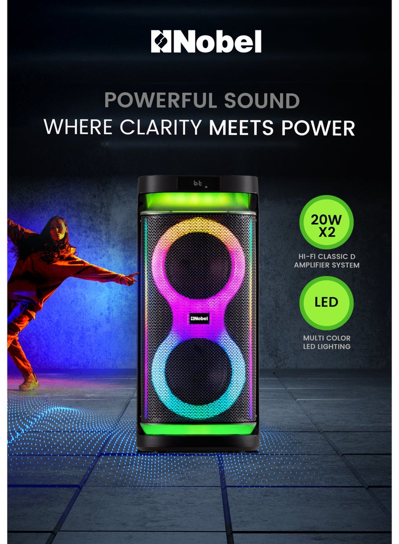 نوبل مكبر صوت بلوتوث محمول من نوبل بقوة 50 وات مع مضخم صوت هاي فاي مزدوج بقوة 20 وات، مدخل ميكروفون كاريوكي مع صدى، راديو FM، أضواء LED متعددة الألوان، جهاز تحكم عن بعد، بطارية مدمجة قابلة لإعادة الشحن، بلوتوث 5.3 - NPS15A (ضمان لمدة عام) - Image 4
