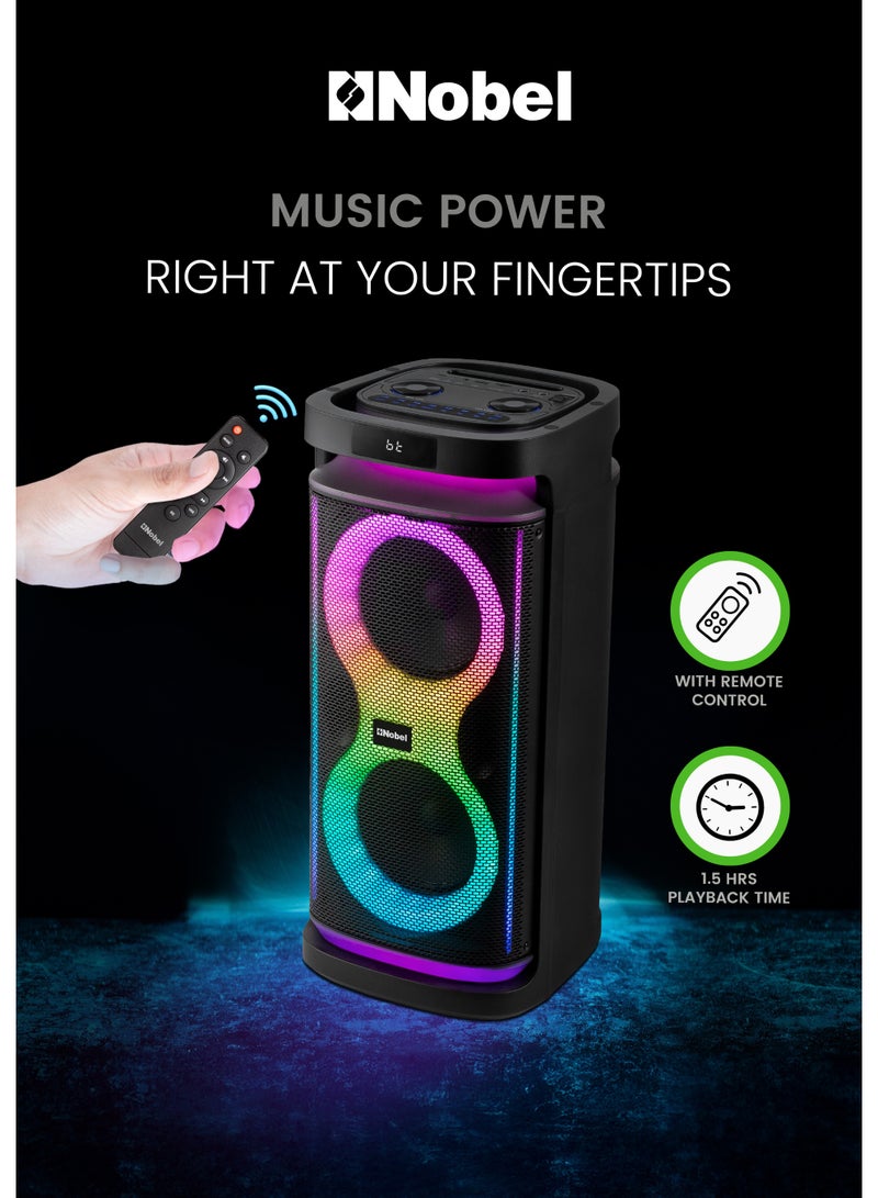 نوبل مكبر صوت بلوتوث محمول من نوبل بقوة 50 وات مع مضخم صوت هاي فاي مزدوج بقوة 20 وات، مدخل ميكروفون كاريوكي مع صدى، راديو FM، أضواء LED متعددة الألوان، جهاز تحكم عن بعد، بطارية مدمجة قابلة لإعادة الشحن، بلوتوث 5.3 - NPS15A (ضمان لمدة عام) - Image 3