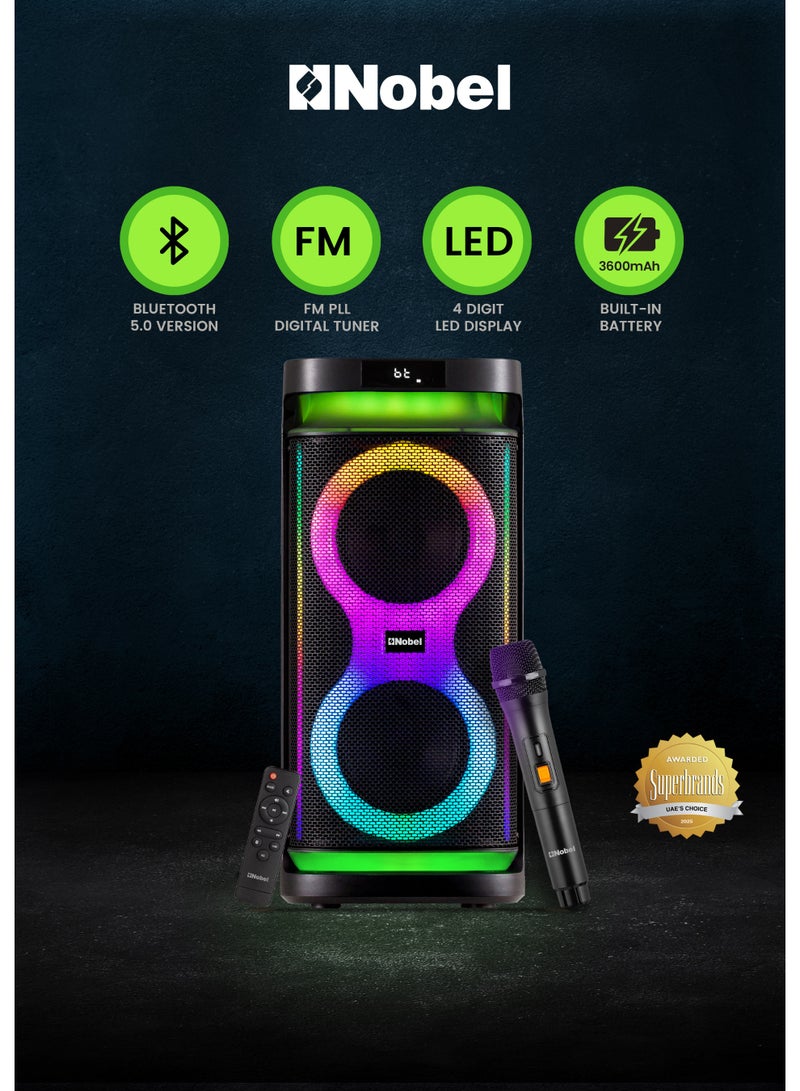 نوبل مكبر صوت بلوتوث محمول من نوبل بقوة 50 وات مع مضخم صوت هاي فاي مزدوج بقوة 20 وات، مدخل ميكروفون كاريوكي مع صدى، راديو FM، أضواء LED متعددة الألوان، جهاز تحكم عن بعد، بطارية مدمجة قابلة لإعادة الشحن، بلوتوث 5.3 - NPS15A (ضمان لمدة عام) - Image 2