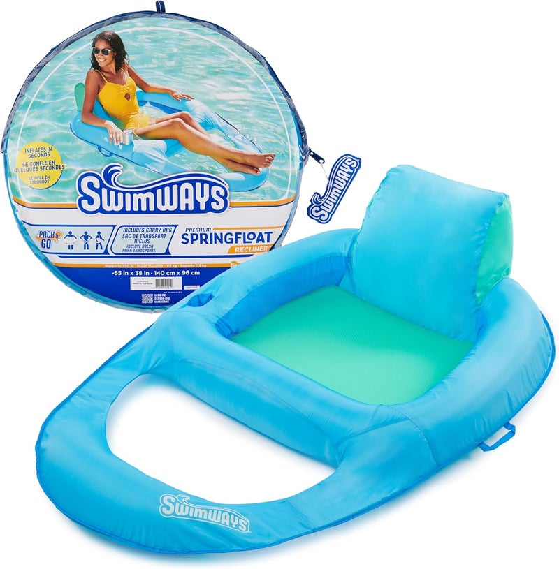 SwimWays Spring Float Premium Recliner Pool Lounger, Inflatable Pool Floats Adult with Fast Inflation for Ages 15 & Up, Sky Blue - Image 1