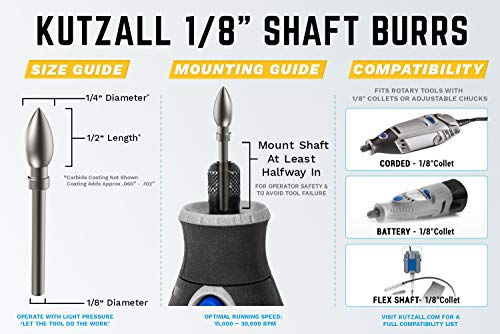 Kutzall Extreme Flame Rotary Burr, 1⁄8" Shaft, Very Coarse- Wood Carving Bit for Dremel, Foredom, DeWalt, Milwaukee. Abrasive Tungsten Carbide, 1⁄4" (6.3mm) Dia. X 1⁄2" (12.7mm) Length FLX-14-EC - Image 3