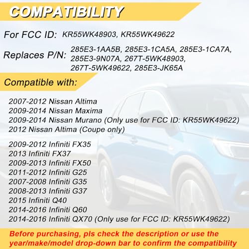 Vurkcy Key Fob Replacement for 2007-2012 Nissan Altima/ 09-14 Maxima & Murano/ 09-12 Infiniti FX35/ 08-13 G37/ 09-13 FX50/ 14-16 Q60 QX70/ 11-12 G25/ 07-08 G35, KR55WK48903 KR55WK49622,4 Buttons - Image 2