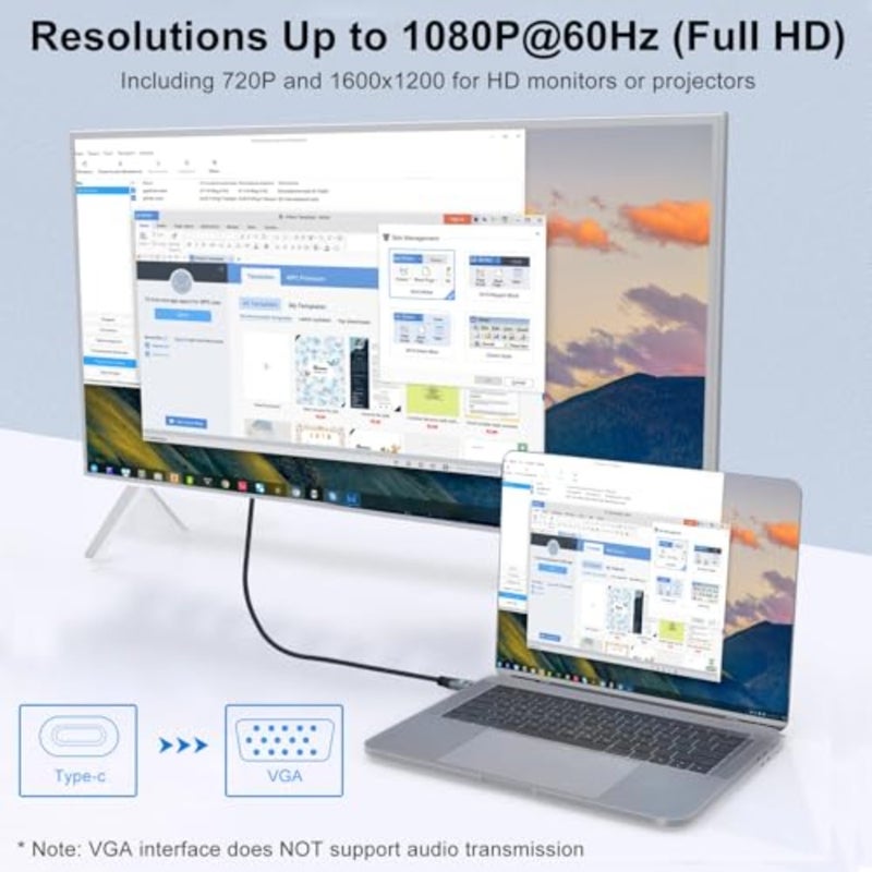 كابل USB C إلى VGA، تحويل USB من النوع C إلى VGA 1080P@60 هرتز لأجهزة الكمبيوتر المحمولة والهواتف المحمولة والأجهزة اللوحية وشاشات HDTV وأجهزة العرض - Image 4