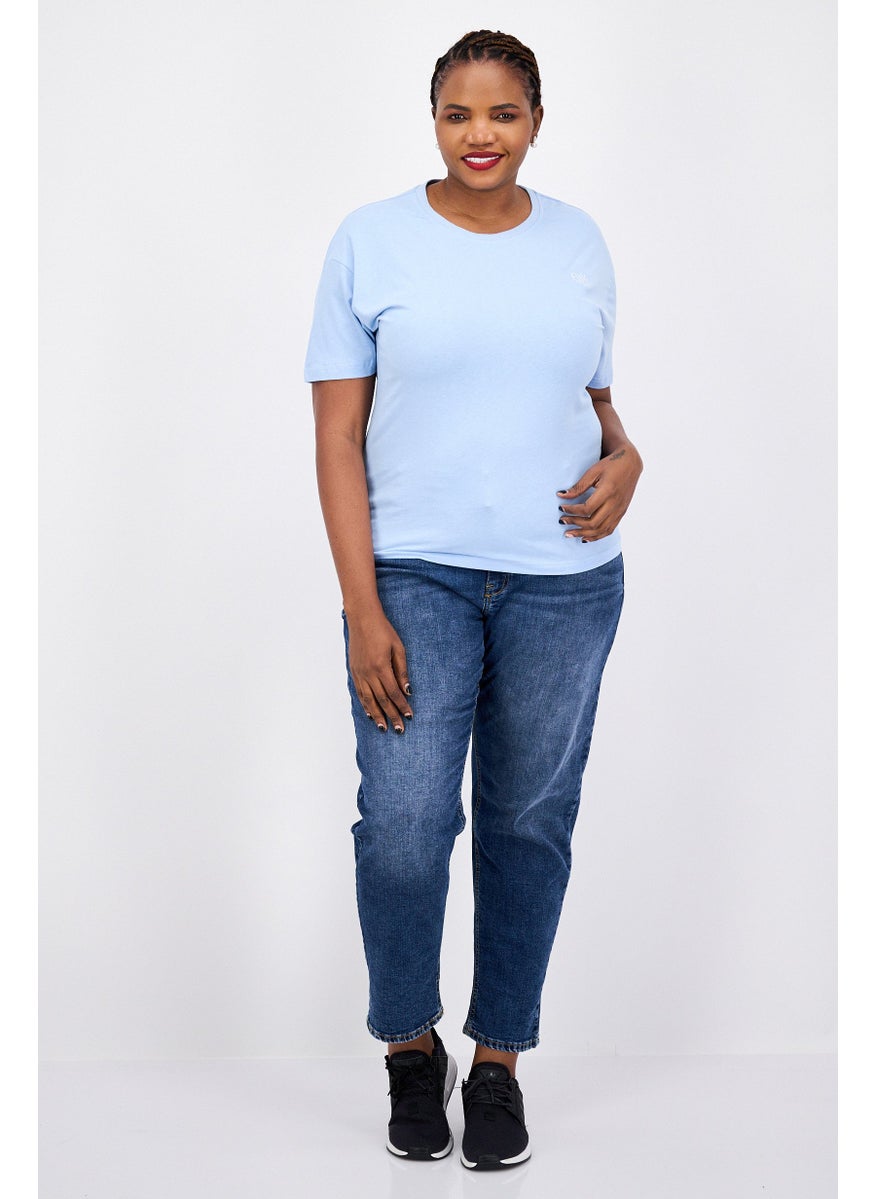 ELVIS Women Round Neck Short Sleeve Embroidered Logo T-Shirt, Blue  - Image 4