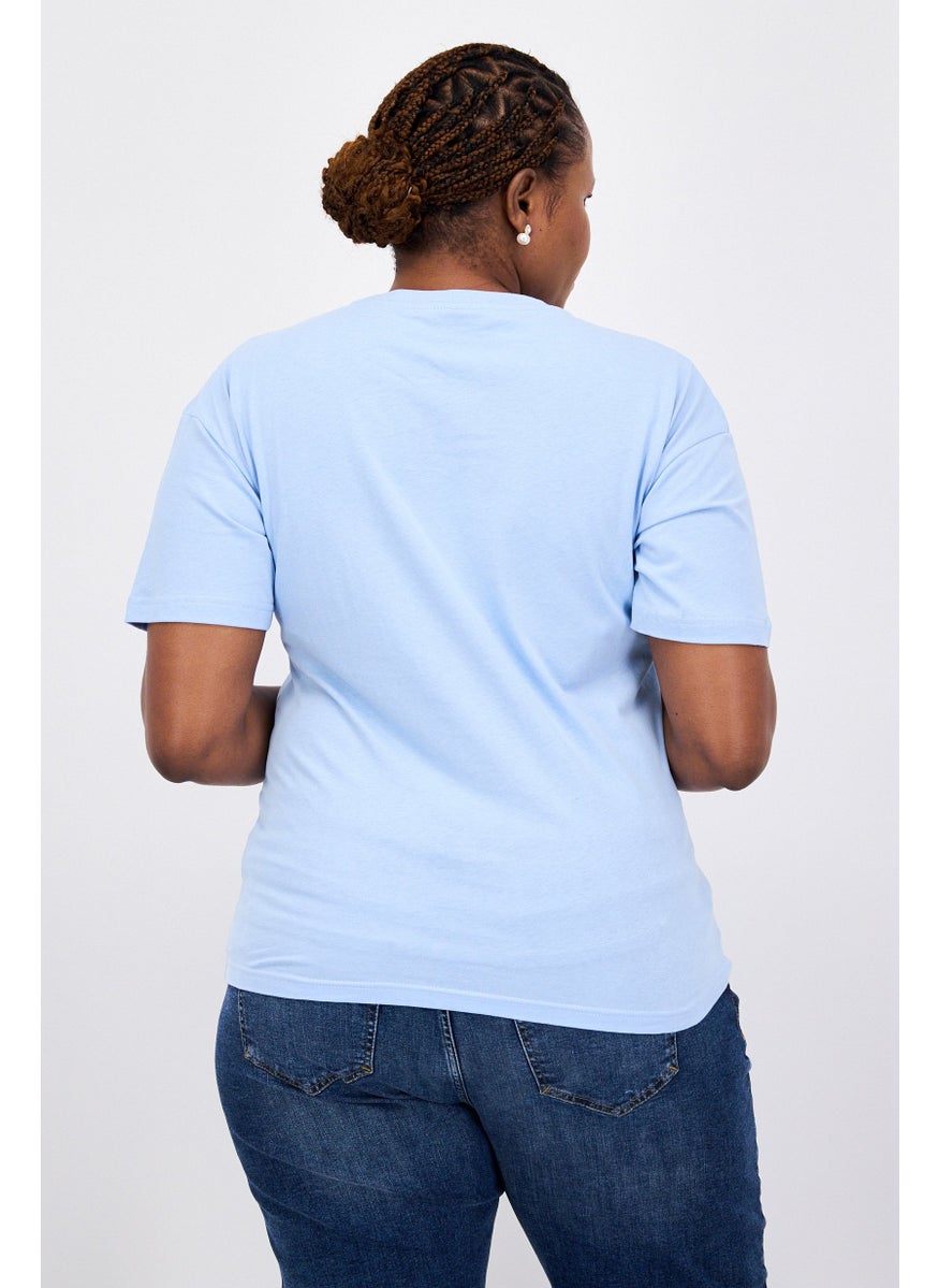 ELVIS Women Round Neck Short Sleeve Embroidered Logo T-Shirt, Blue  - Image 3