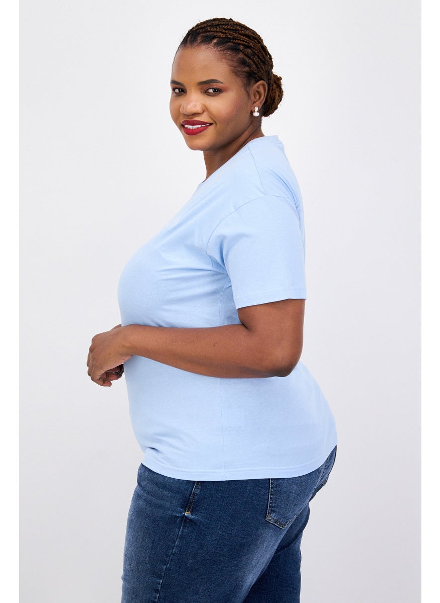 ELVIS Women Round Neck Short Sleeve Embroidered Logo T-Shirt, Blue  - Image 2
