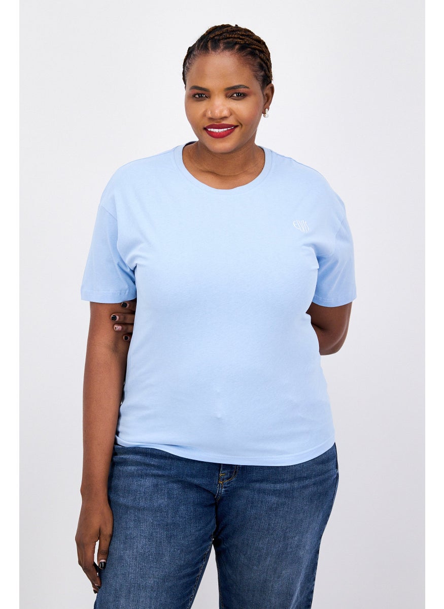ELVIS Women Round Neck Short Sleeve Embroidered Logo T-Shirt, Blue  - Image 1