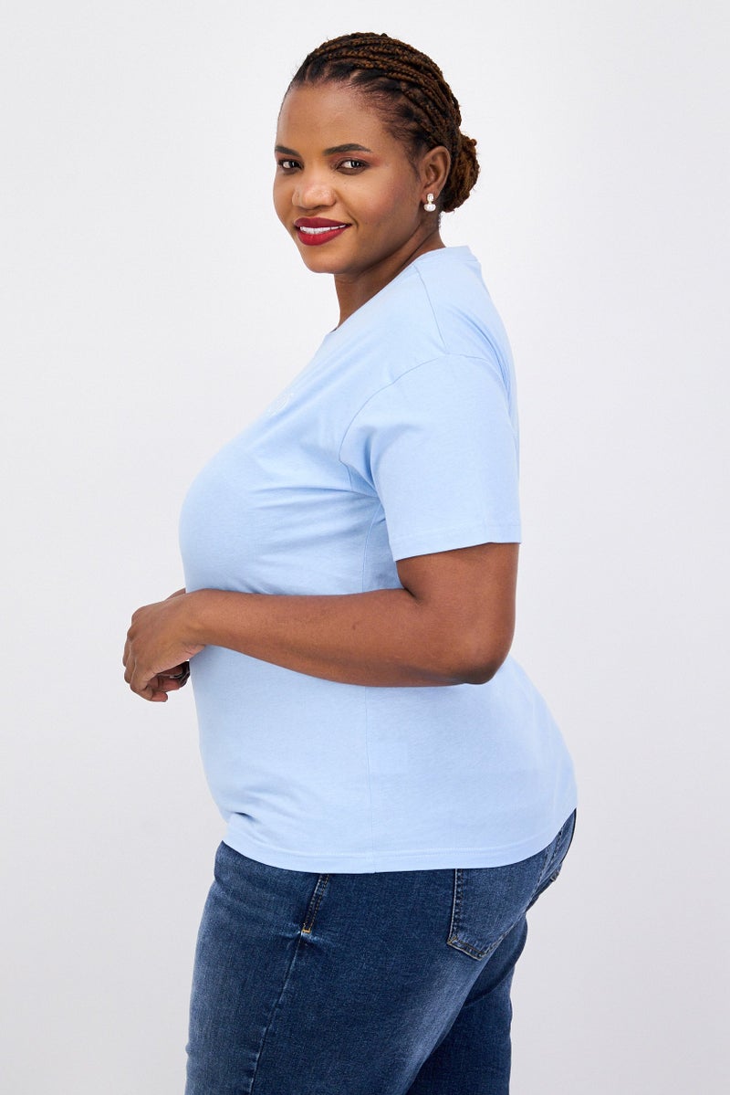 ELVIS Women Round Neck Short Sleeve Embroidered Logo T-Shirt, Blue - Image 2