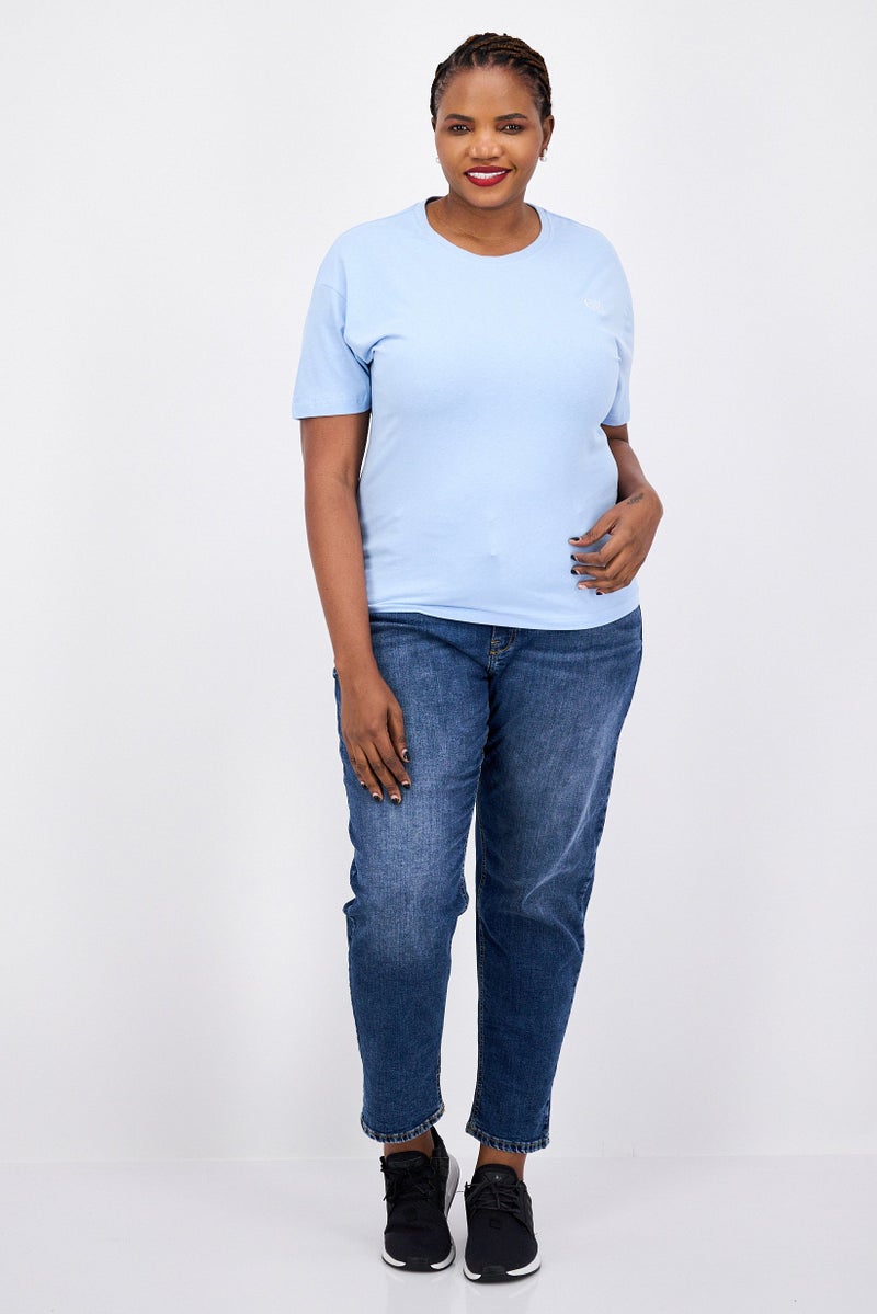 ELVIS Women Round Neck Short Sleeve Embroidered Logo T-Shirt, Blue - Image 2