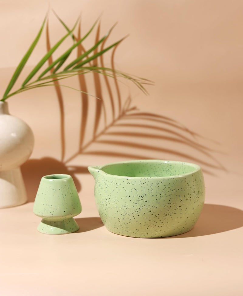 Craftribal Handmade Ceramic Solid Matcha Bowl with Whisk Holder – Pottery Chawan for Japanese Tea Ritual, Matcha Lovers & Gifting|Bowl - 5.5 inches|Holder-2.5 inches|Color-Green - Image 1
