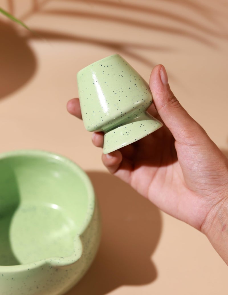 Craftribal Handmade Ceramic Solid Matcha Bowl with Whisk Holder – Pottery Chawan for Japanese Tea Ritual, Matcha Lovers & Gifting|Bowl - 5.5 inches|Holder-2.5 inches|Color-Green - Image 4