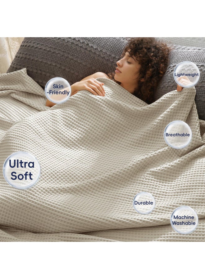 PHF PHF Ultra Soft Waffle Weave Blanket Queen Size 90"x 90"- Washed Lightweight Breathable Cozy Woven Blanket for Bed - Aesthetic Decor for Couch Bedding Sofa Home Car - Light Khaki/Linen  - Image 1