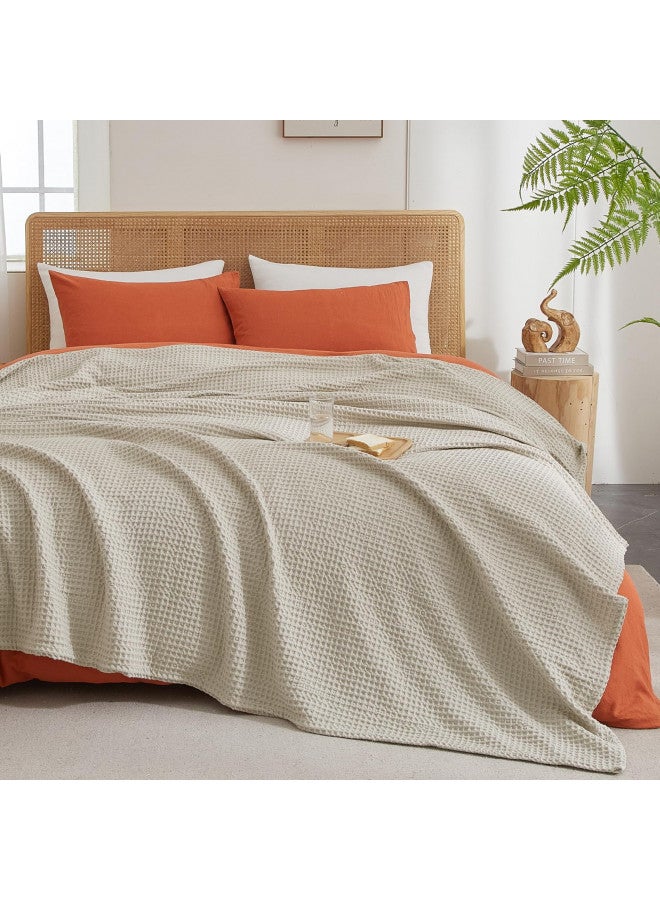 PHF PHF Ultra Soft Waffle Weave Blanket Queen Size 90"x 90"- Washed Lightweight Breathable Cozy Woven Blanket for Bed - Aesthetic Decor for Couch Bedding Sofa Home Car - Light Khaki/Linen  - Image 4