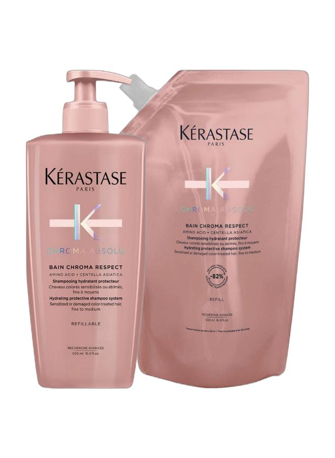 Kerastase Chroma Absolu Bain Riche Chroma Respect Shampoo & Refill - Nourishes & Protects Color, Seals Fiber Porosity, For Medium to Thick Hair, 500ML + 500ML Refill Pouch - Image 1