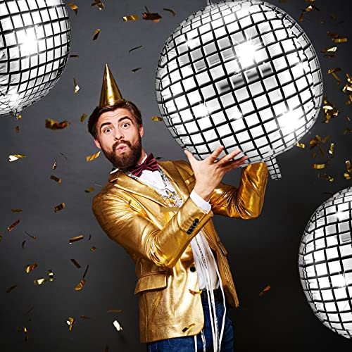 Leitee 18 Pcs Big Disco Ball Balloon 70s Disco Balloons Party Decoration Large 4d Aluminum Foil Inflatable Ball Giant Silver Metallic Mirror Decor for Baby Shower Wedding Birthday Dance Party 32 in - Image 5