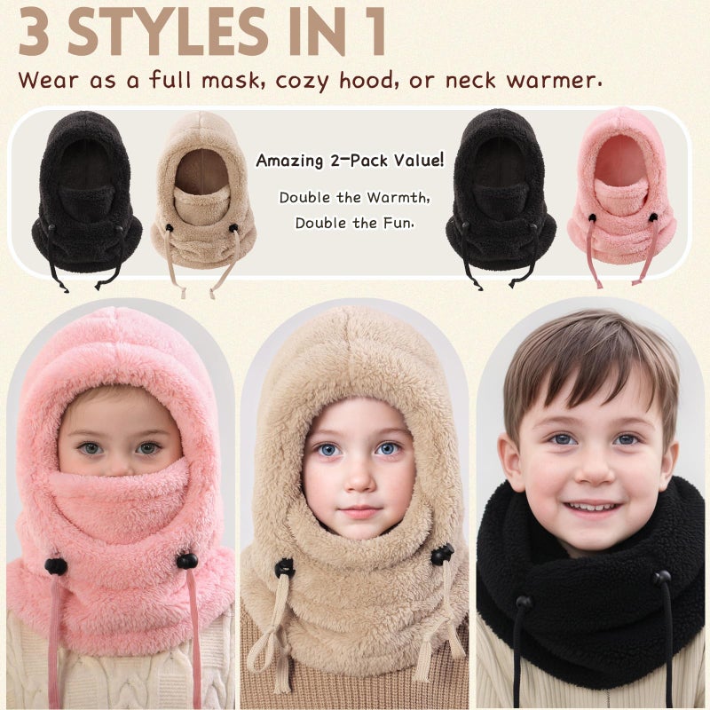 KMOLY Kids Winter Fleece Hats Balaclava Warm Ski Face Mask Windproof Adjustable Full Face Cover Neck Warmer for Toddler Boys Girls (US, Age, 3 Years, 10 Years, Black+Pink) - Image 4