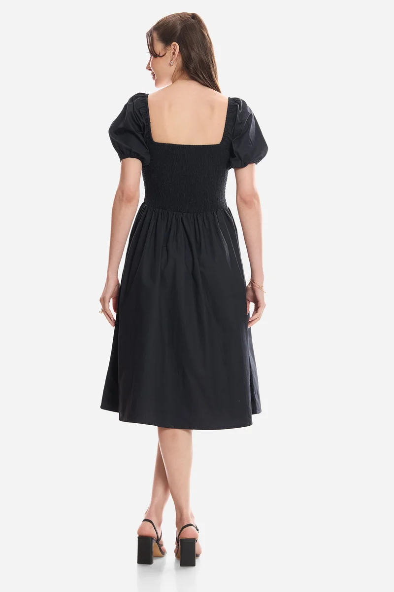 Virgio  Solid Cotton Smocked Fit & Flare Dress for Women for Women | Best Price UAE