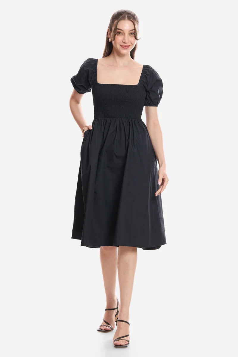 Virgio Solid Cotton Smocked Fit & Flare Dress for Women