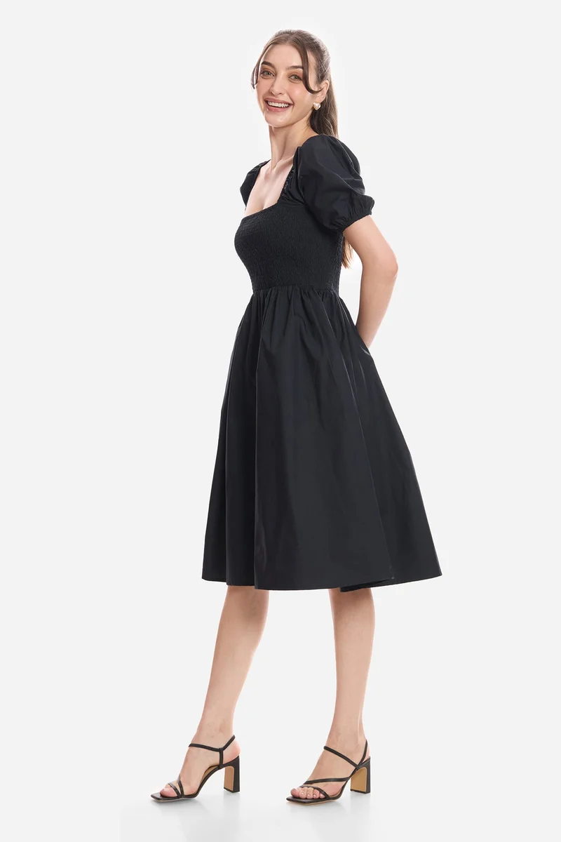 Virgio  Solid Cotton Smocked Fit & Flare Dress for Women for Women | Best Price UAE