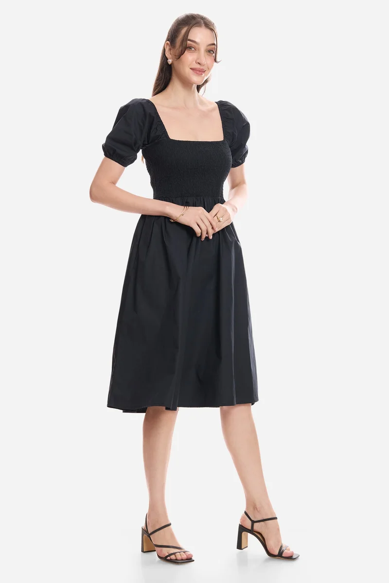 Virgio  Solid Cotton Smocked Fit & Flare Dress for Women for Women | Best Price UAE
