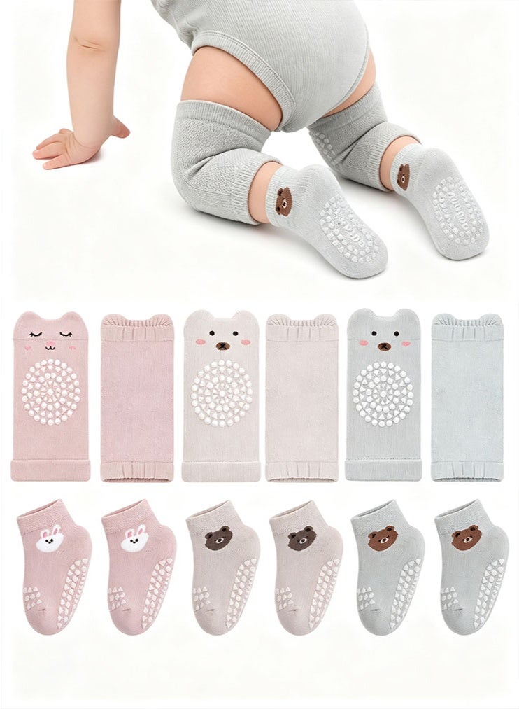 meayul 6 Pairs Baby Knee Pads for Crawling and Non Slip Socks Set, Breathable Summer Baby Knee Protectors with Anti-Slip Design, High Elastic Soft Walking Safety Leg Warmers for Infant Toddler Boys Girls 6-24 Months - Image 1
