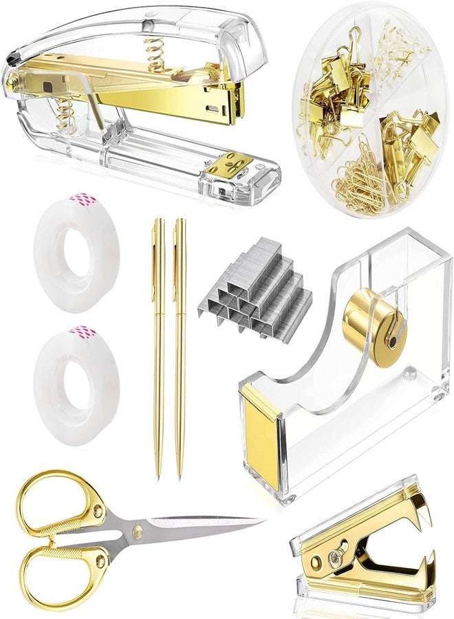 suniya Office Supplies Gold Desk Accessories Set Office Supplies Kit with Stapler, Tape Dispenser, Scissors, Staple Remover, Ballpoint Pen, Clear Tape & Staples – Best Gift for Business or Boss - Image 1