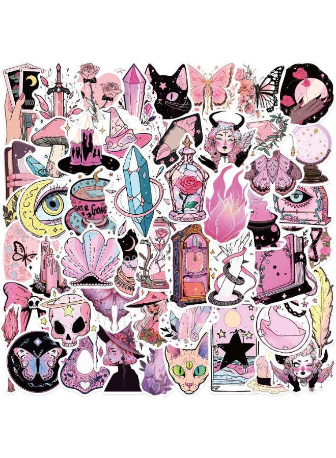 NIBEMINENT 50 Pcs Pink Witch Deco Kit Waterproof Stickers, High Definition Printing Bright Colors, Suitable for Laptop Skateboard Luggage Water Bottle Guitar DIY - Image 1