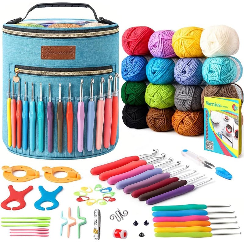 Yarniss Crochet Kits for Beginners,1120 Yards Yarn Kits 16 Colors,Crochet Set with 14 Size Ergonomic Crochet Hooks 2.0mm~10.0mm,Crochet Bag Organizer,Slate Blue - Image 1