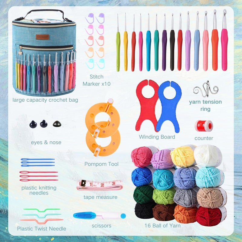 Yarniss Crochet Kits for Beginners,1120 Yards Yarn Kits 16 Colors,Crochet Set with 14 Size Ergonomic Crochet Hooks 2.0mm~10.0mm,Crochet Bag Organizer,Slate Blue - Image 2