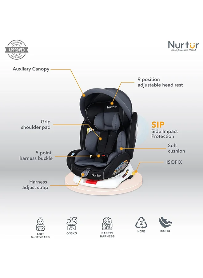 نورتر Ultra Baby 4 In1 Car Seat  Isofix  9-Level Adjustable Headrest And Canopy  Upto 36Kg  Black