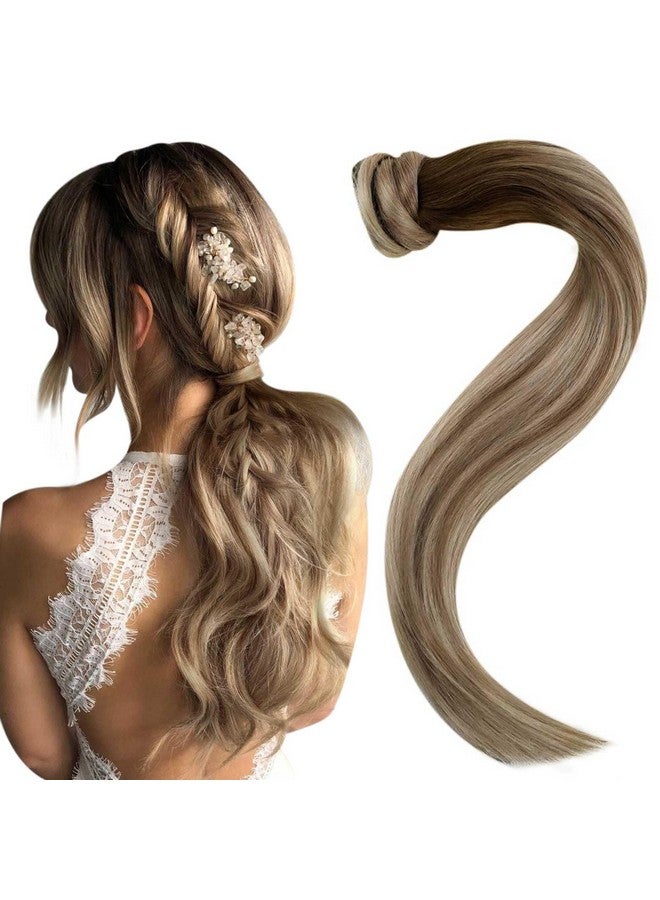 إيزي يوث وصلة ذيل حصان من الشعر البشري بمشبك في ذيل الحصان وصلات شعر بشري بني داكن يتلاشى إلى البني الرماد ويبرز وصلة ذيل حصان أشقر فاتح شعر بشري 14 بوصة 70 جم - Image 1