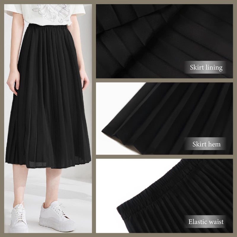 Basoteeuo Black Pleated Skirt for Women Midi Length Summer High Waisted A Line Elastic Waist Skirts L - Image 5