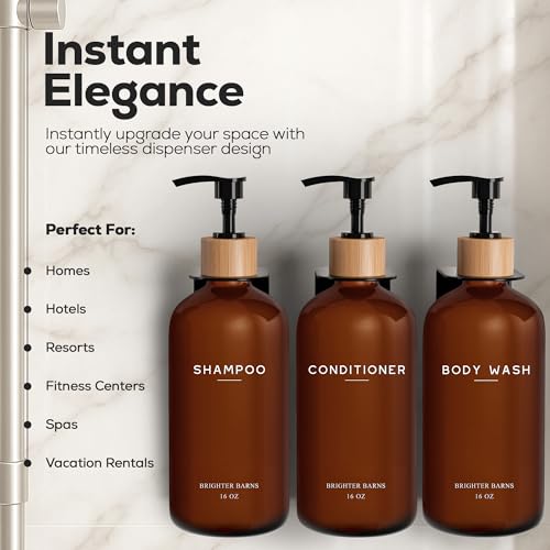 Brighter Barns Amber Shampoo and Conditioner Dispenser Set Wall Mounted by Brighter Barns Refillable Shampoo Dispenser for Shower Wall 3 Chamber No Drill Plastic Shower Bottles for Guest Bathroom Hotel Amber - Image 3