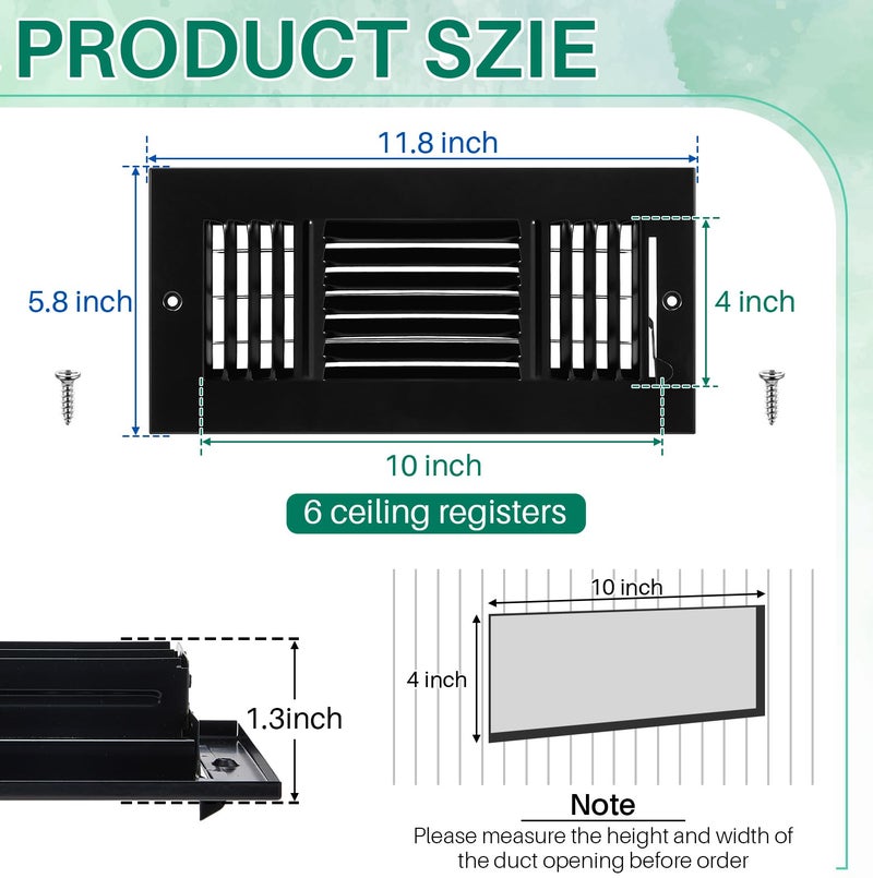 Datanly 6 Pcs Black 10 X 4 Inch Interior Size Air Ceiling Vent Covers 3 Way Sidewall Wall Ceiling Register Air Conditioner Vent Covers Solid Steel Hvac Accessories For Home  Bathroom  Office  Toilet - Image 3