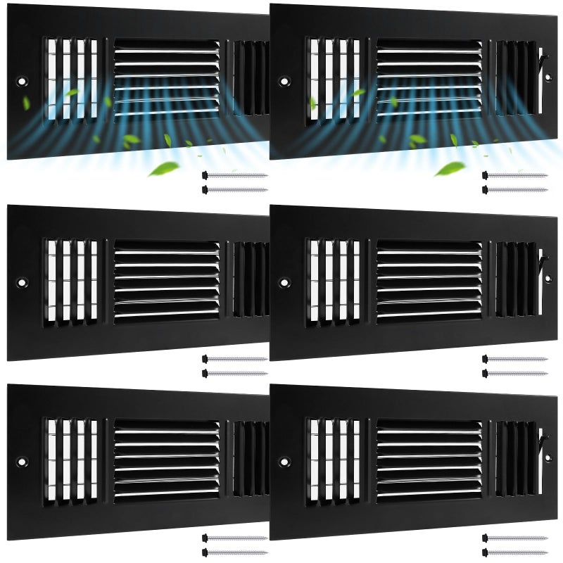 Datanly 6 Pcs Black 10 X 4 Inch Interior Size Air Ceiling Vent Covers 3 Way Sidewall Wall Ceiling Register Air Conditioner Vent Covers Solid Steel Hvac Accessories For Home  Bathroom  Office  Toilet - Image 1