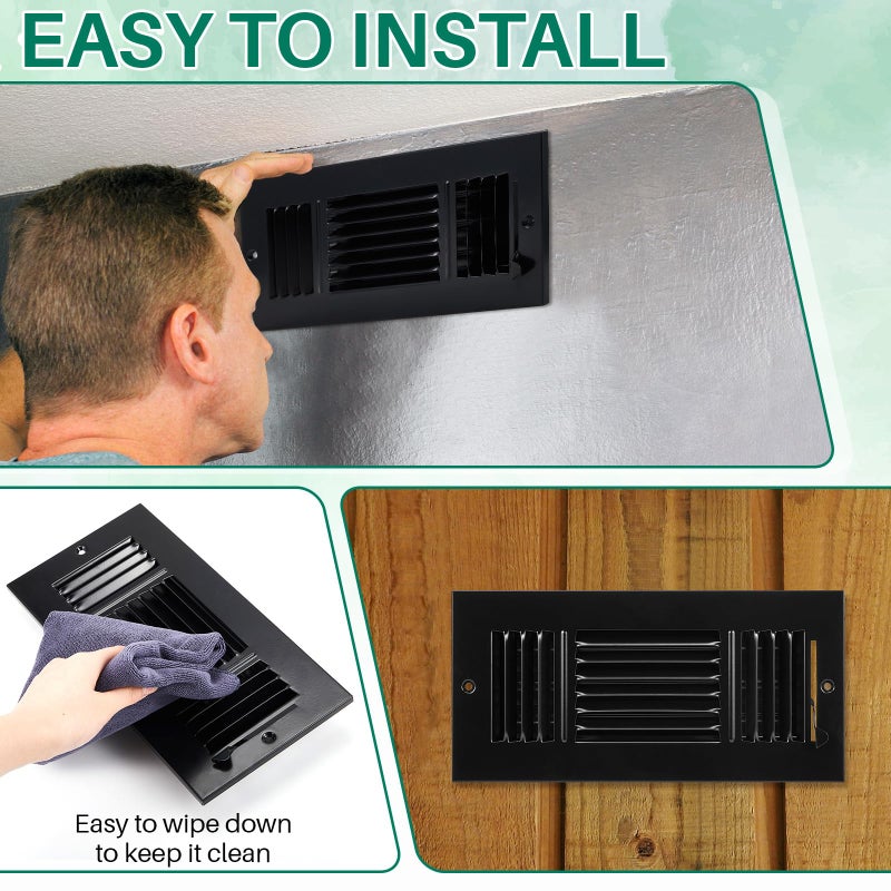 Datanly 6 Pcs Black 10 X 4 Inch Interior Size Air Ceiling Vent Covers 3 Way Sidewall Wall Ceiling Register Air Conditioner Vent Covers Solid Steel Hvac Accessories For Home  Bathroom  Office  Toilet - Image 4