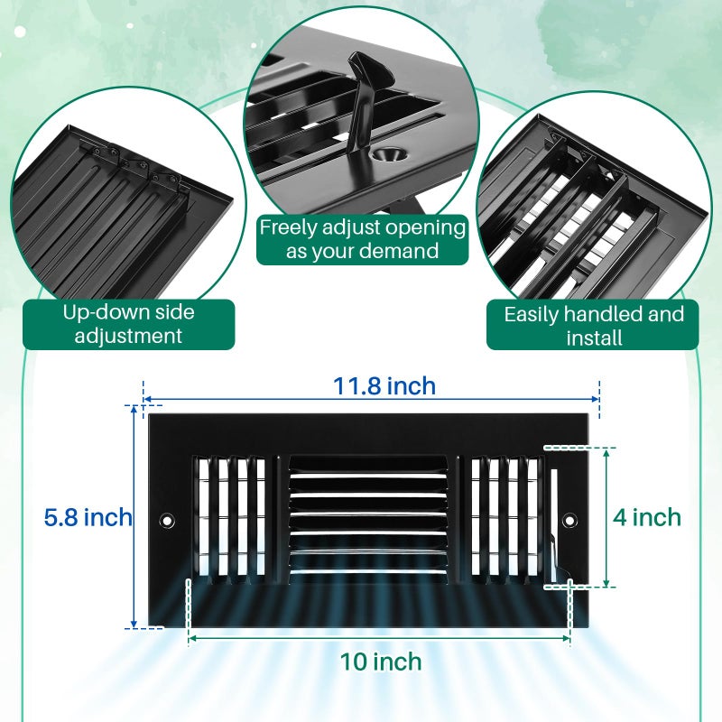 Datanly 6 Pcs Black 10 X 4 Inch Interior Size Air Ceiling Vent Covers 3 Way Sidewall Wall Ceiling Register Air Conditioner Vent Covers Solid Steel Hvac Accessories For Home  Bathroom  Office  Toilet - Image 5