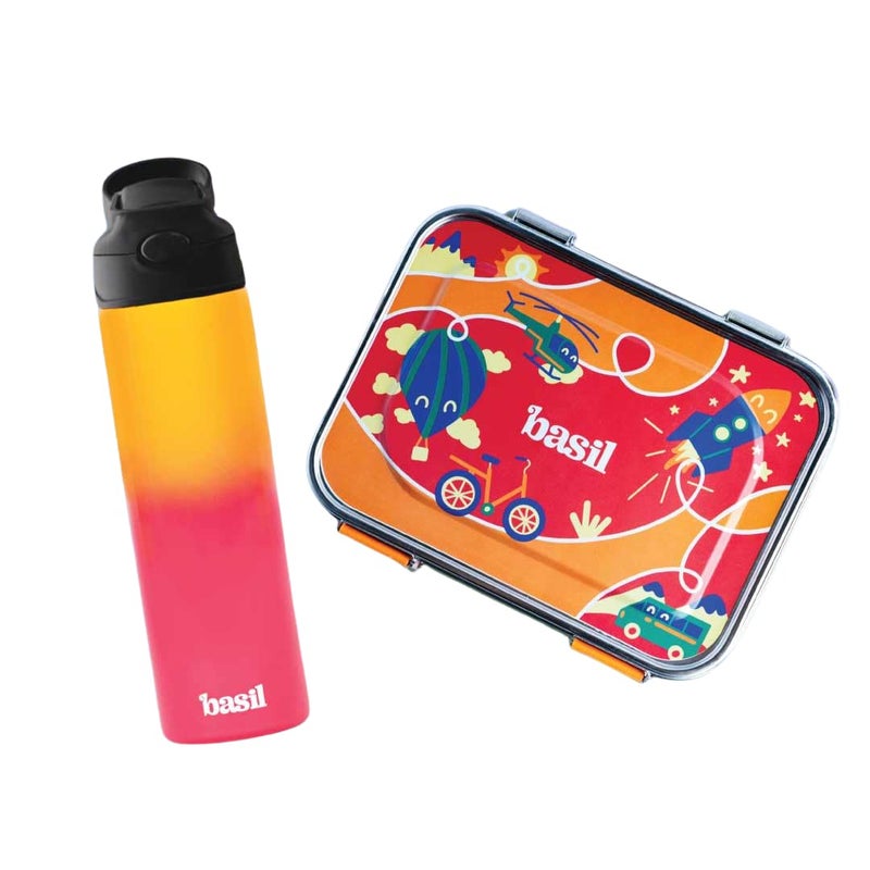 BASIL Lunch Box Combo -Lunch Box & Waterbottle| Stainless Steel Tiffin Box for Kids | Leak Proof Lunch Box |Stainless Steel Sipper Bottle for Kids-Red Adventure - Image 1