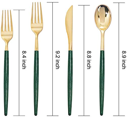 Supernal 180pcs Gold Plastic Silverware Green Plastic Cutlery Gold Cutlery Plastic with Green Glitter Handle Include 45 Knives 45 Dinner Forks 45 Dessert Forks 45 Spoons Suit for Party Birthday - Image 2